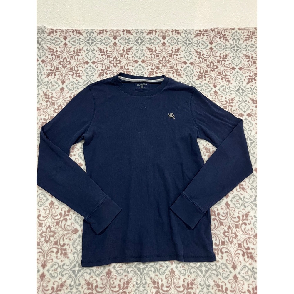 Express Mens Waffle Knit Thermal Long Sleeve Shirt Navy Blue Lion Logo Size M